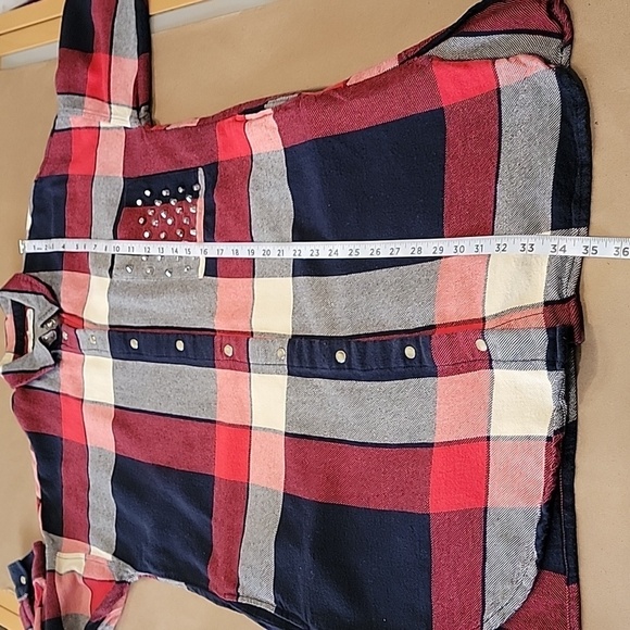 Zara Basic Size M Red Blue and Cream Plaid Studded Flannel Shirt Mini Dress - Picture 14 of 16